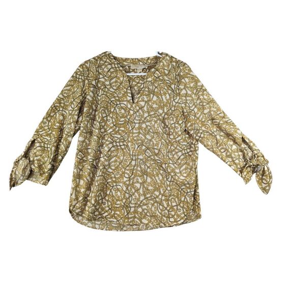 MICHAEL KORS Paisley Seersucker‎ V Neck Tie Sleeve Blouse Top Stretch Women's M - Picture 1 of 10